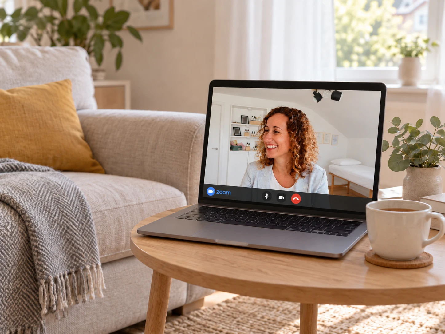 Beispielszene für einen Termin über Zoom: Janine auf einem Laptop neben einem gemütlichen Sofa